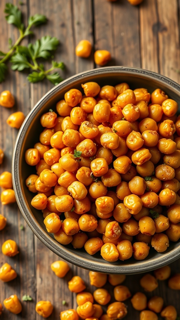 Crispy Air Fryer Dried Garbanzo Beans Recipe Crispy air-fried garbanzo beans in a bowl, seasoned and golden brown, on a rustic wooden table.